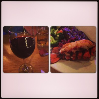 Valentine's Day Dinner - Pinot Noir; Flank steak, lobster tail, steamed broccoli!
