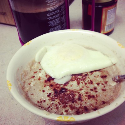 Lovin my egg white oat bran with a whole egg on top! Lots of cinnamon, of course! 